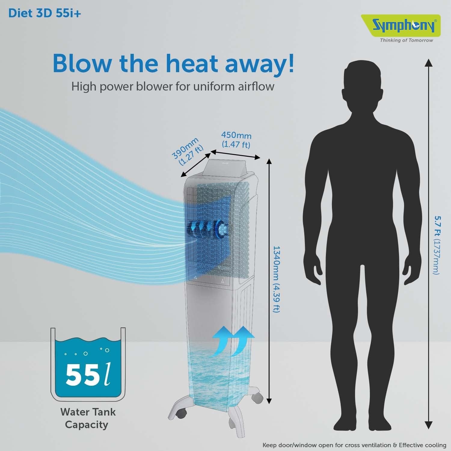 Symphony Diet 3D 55i Tower Air Cooler 55L with Remote — Portable Tower Air Cooler (55 L)