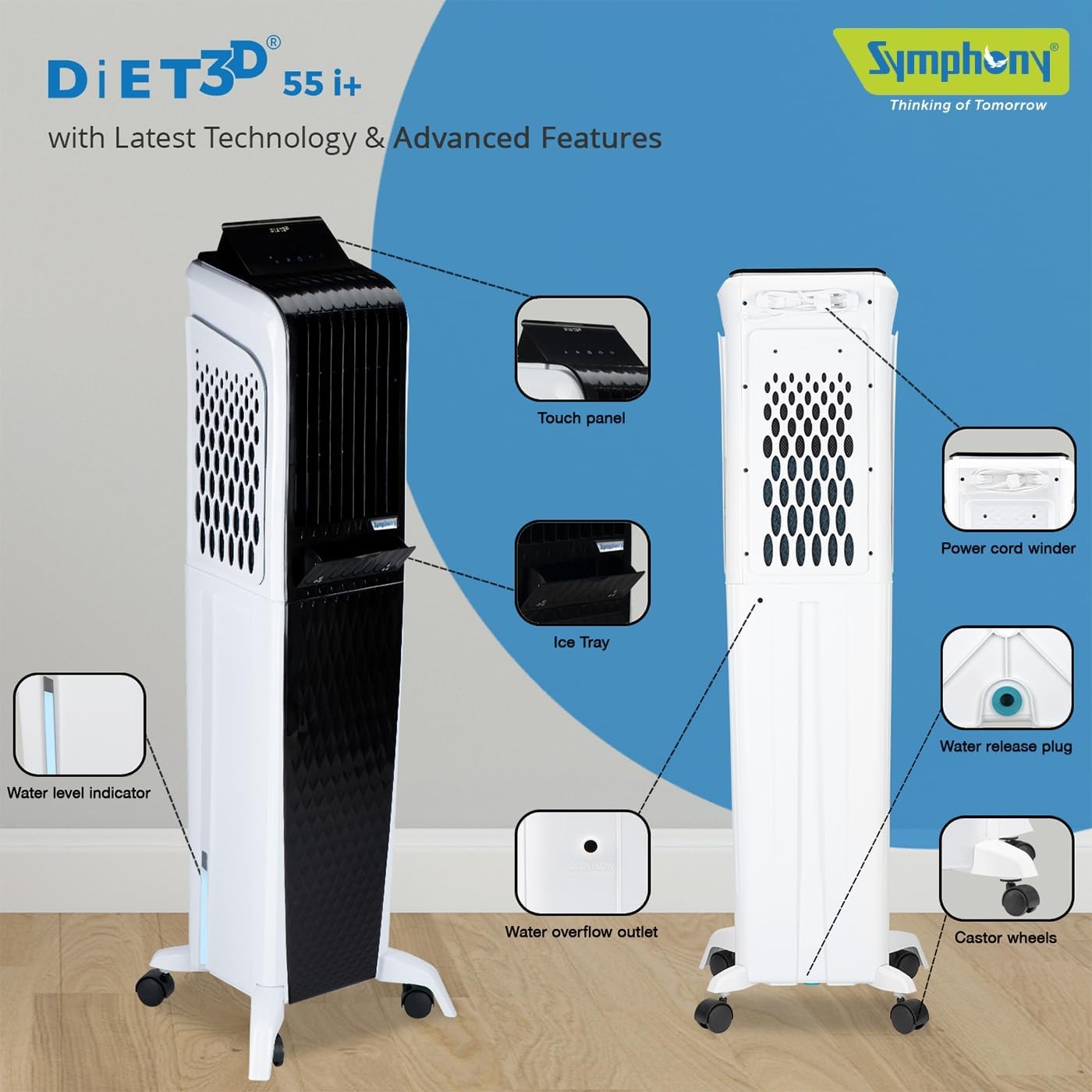 Symphony Diet 3D 55i Tower Air Cooler 55L with Remote — Portable Tower Air Cooler (55 L)